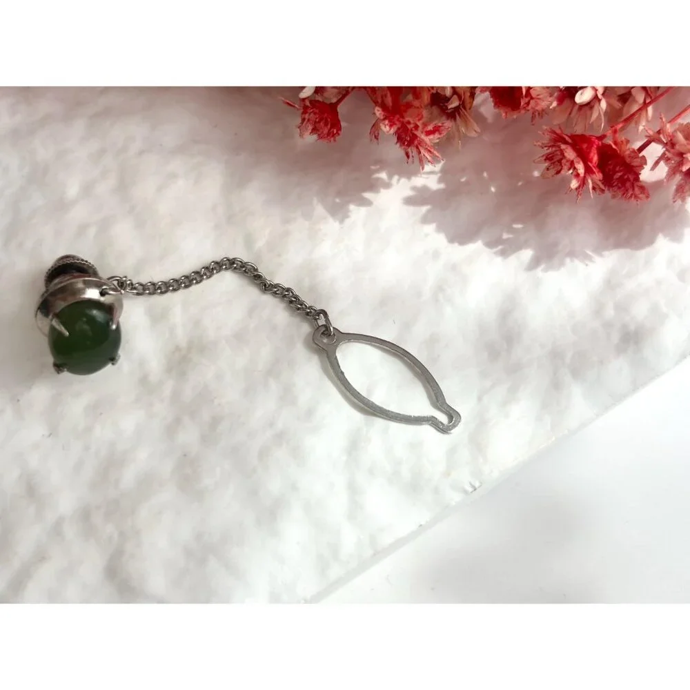 Faux Jade Stone Silver Toned Vintage Men's Tie Tack